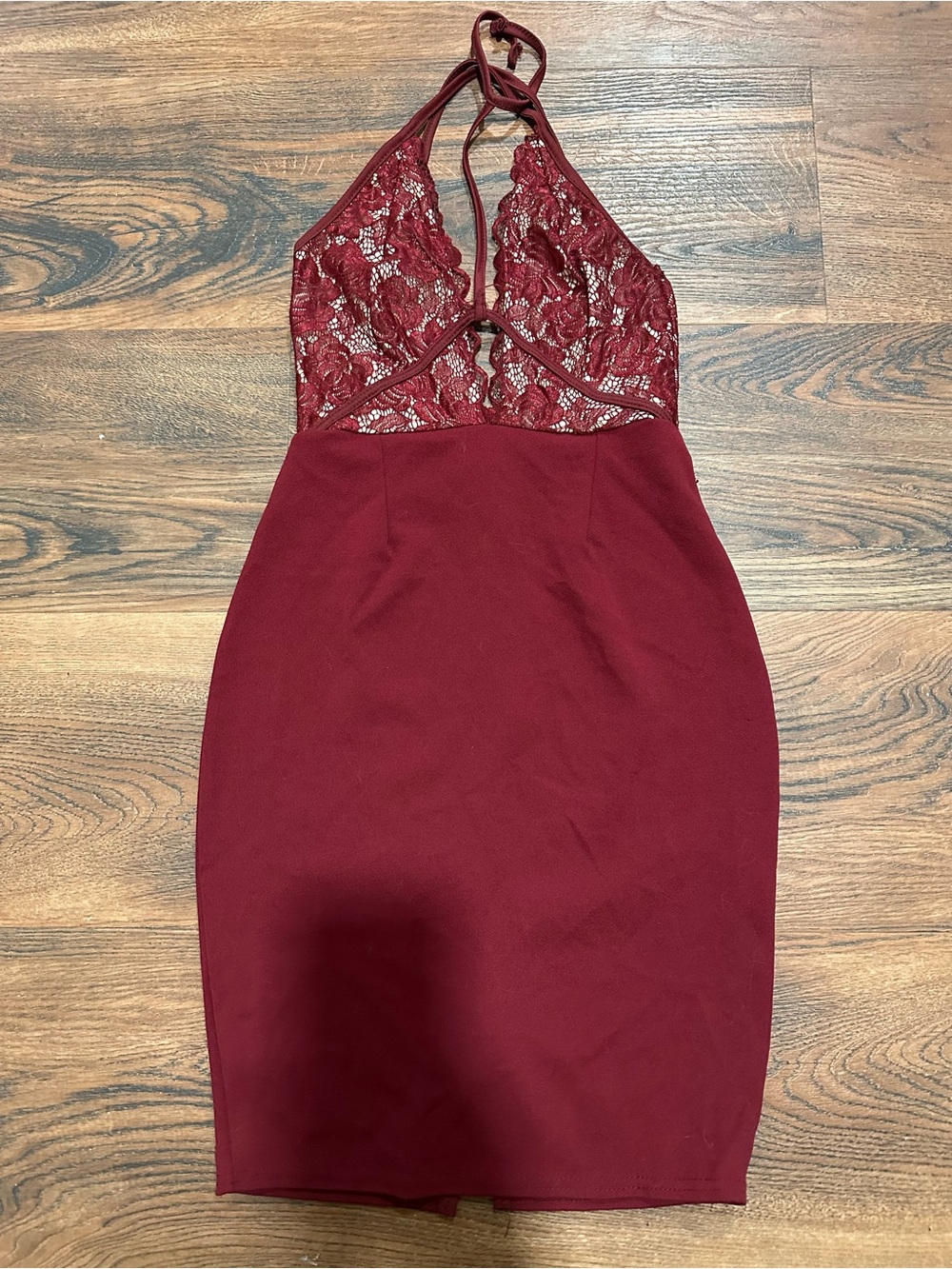 Lace Halter Bodycon Dress in Deep Wine